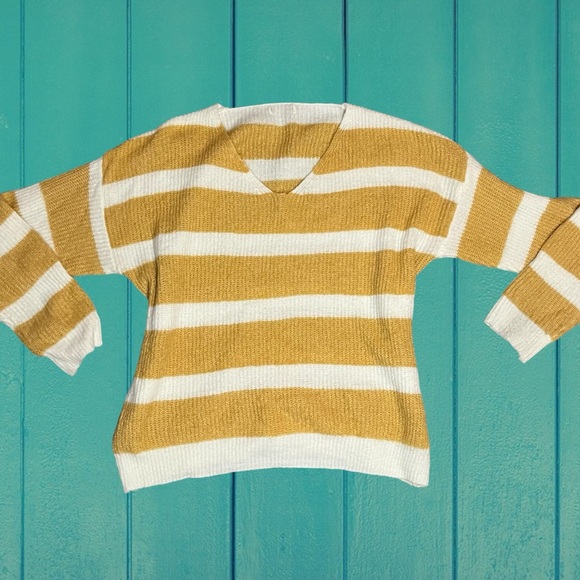 V Neck White and Yellow Striped Knit Sweater L-XL - Picture 1 of 3